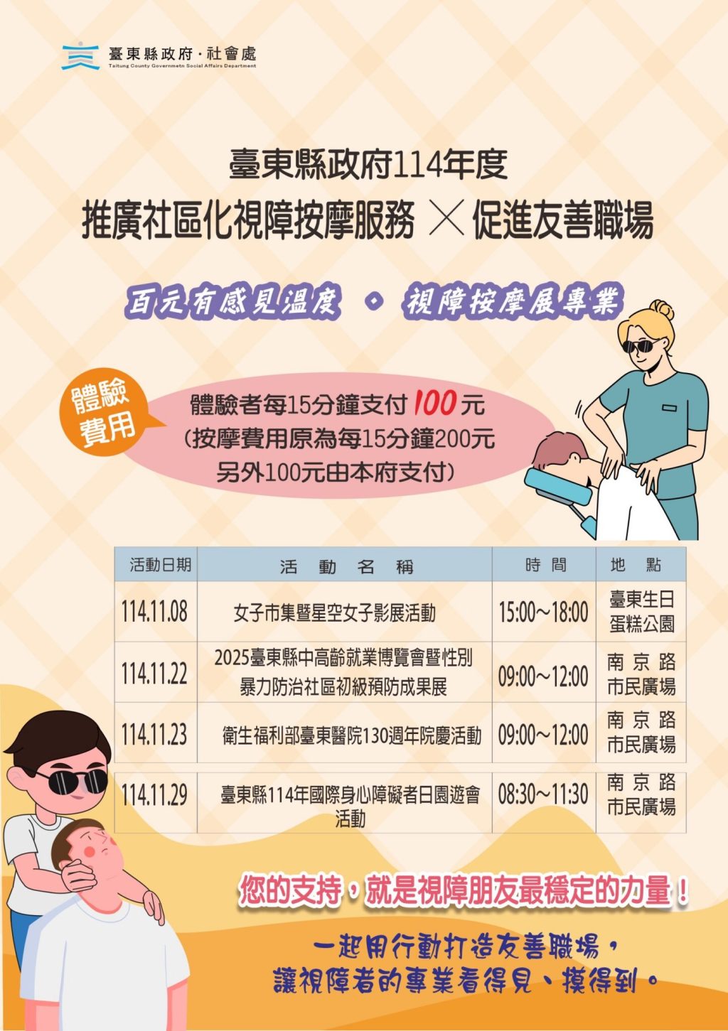 臺東縣府推視障按摩專業  11/29市民廣場百元體驗