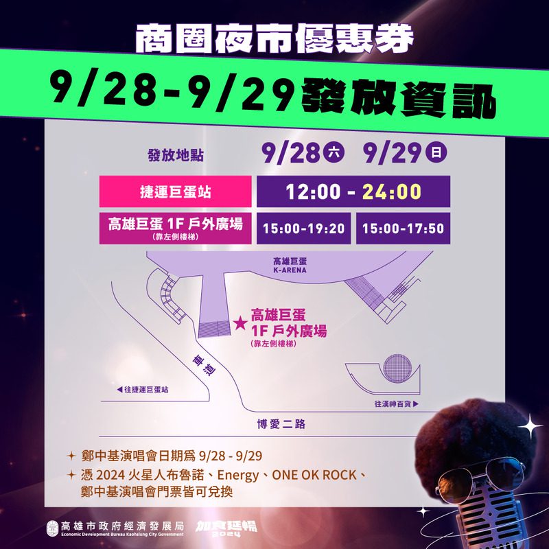 加碼鄭中基演唱會發放商圈夜市優惠券 九月高雄掀「演唱會商機熱潮」 火星人、ENERGY、OneOKRock接力開唱