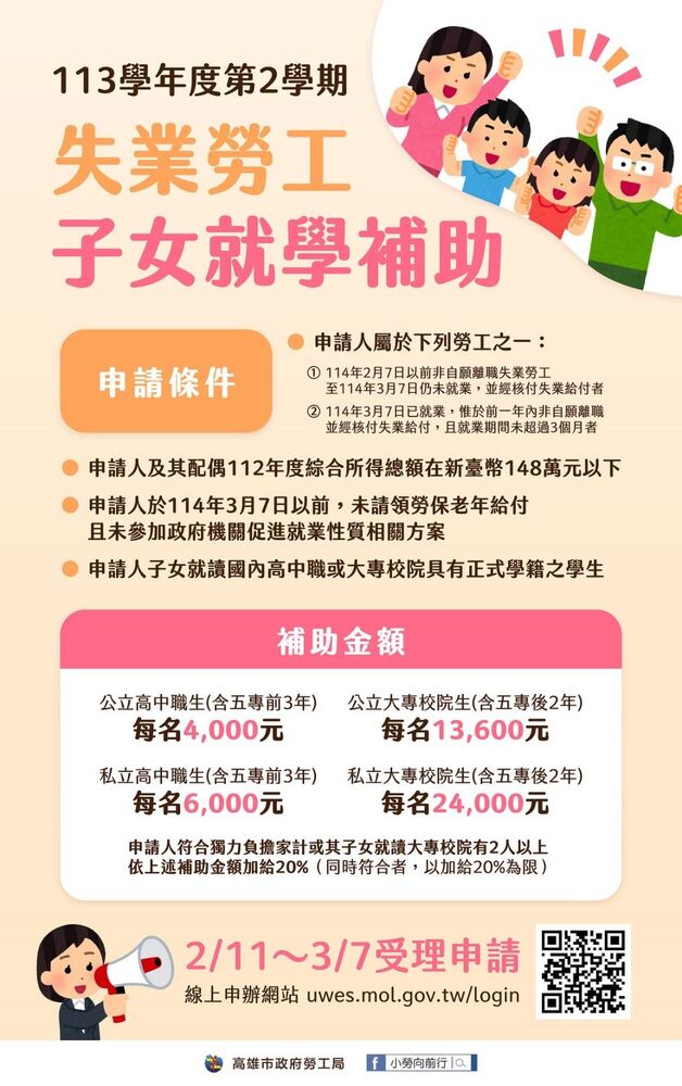 失業勞工子女就學補助開放申請！高市勞工局提醒3月7日截止