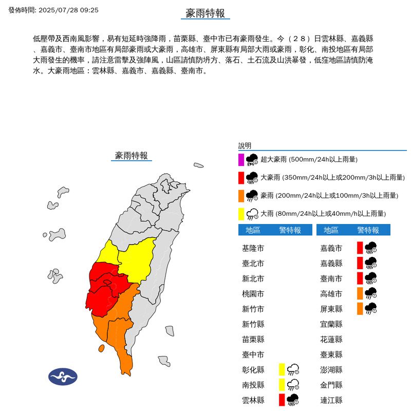 豪大雨增強  嘉義縣全縣 雲林水林鄉 台南後壁 今天停班停課
