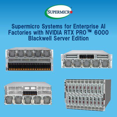 Supermicro 現在接受 20 多個系統組合的訂單，該等組合為全新 NVIDIA RTX PRO 6000 Blackwell Server Edition GPU 進行最佳化和加速 Enterprise AI 工廠部署