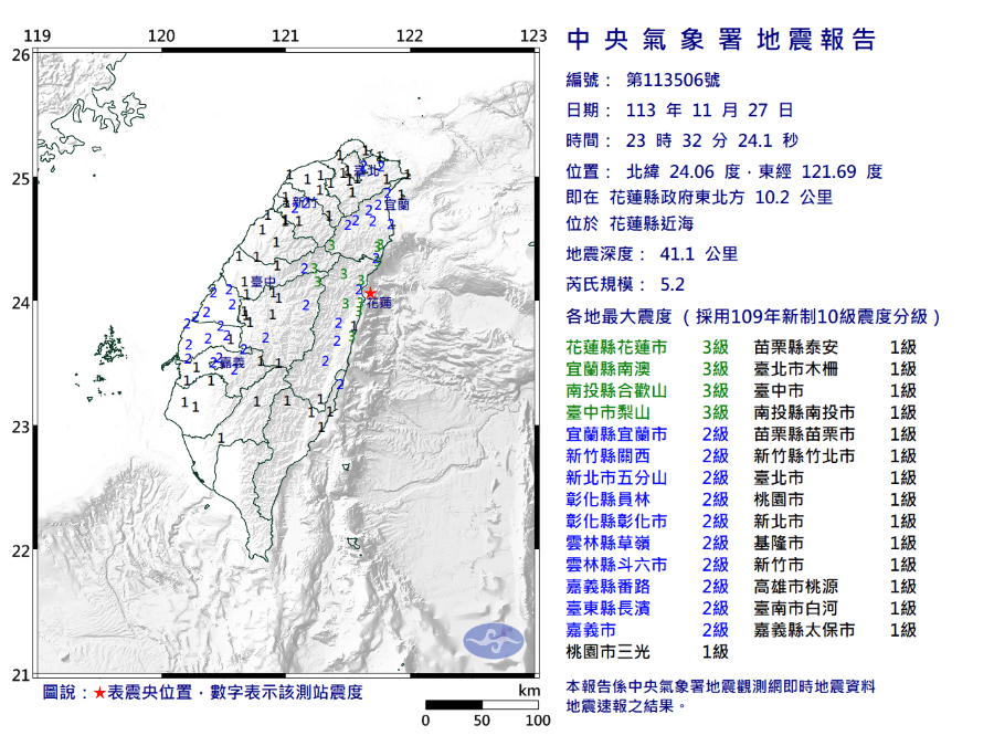 花蓮近海深夜地牛翻身　規模5.2最大震度3級