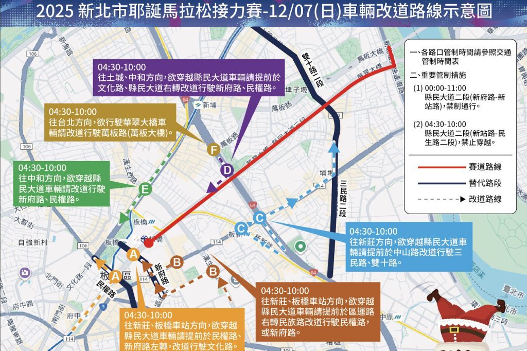 耶誕馬拉松登場     12/7（日）新北部分路段將管制     請用路人避開賽道並注意改道資訊