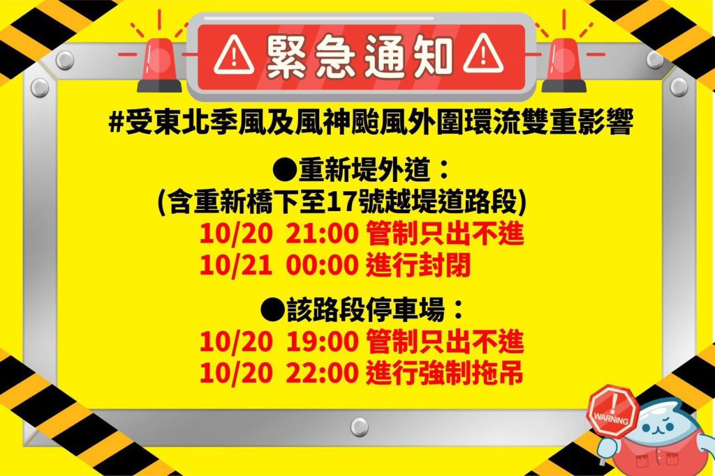 新北人注意！重新堤外道（重新橋下至17號越堤道）10/21凌晨關閉     請民眾改道橋樑通行